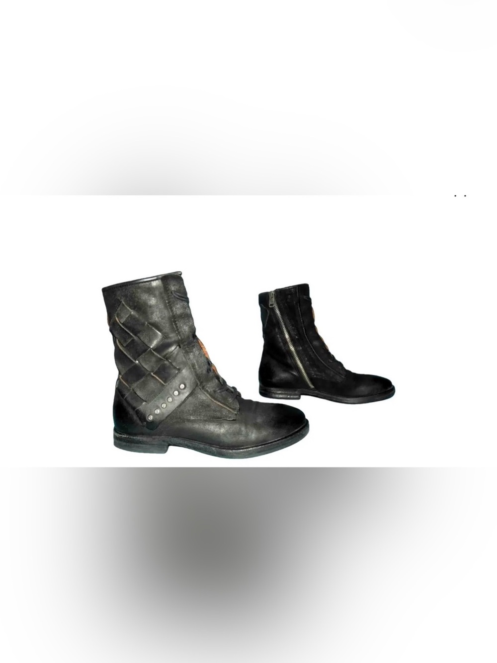 A.S.98 Black Leather Woven Side Ankle Boots with Stud Accents